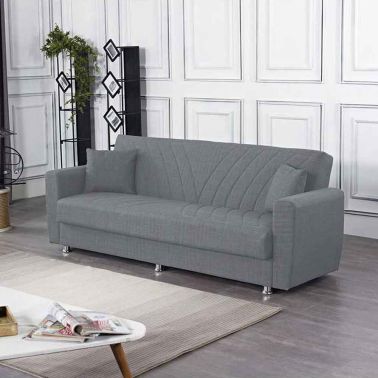 Canapea extensibila Ernest, 3 locuri, material textil, gri, lada depozitare