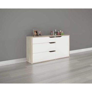 Comoda Kamen, 120x40.5x71 cm, 3 sertare, 1 usa, culoare sonoma/alb, pal