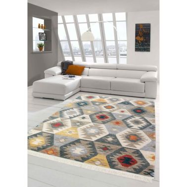 COVOR KILIM, DREPTUNGHIULAR, GEOMETRIC, GRI, ALBASTRU, ROSU, GALBEN, POLIESTER