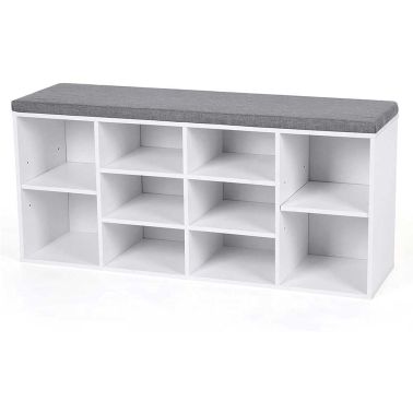 Pantofar tip taburet cu 10 compartimente, 104x30x48 cm, culoare alb, pal