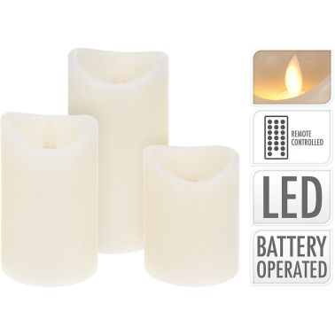 Set 3 lumanari cu LED, 7.5x10/7.5x12.5/7.5x15 cm, efect flacara, cu telecomanda, ivory