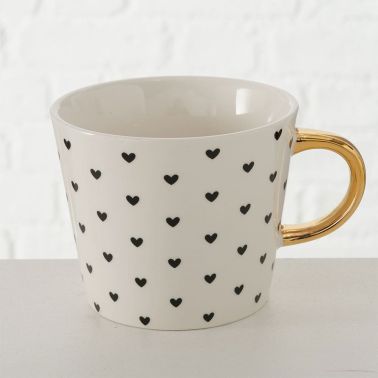 Cana cafea/ceai hearts, portelan, 310 ml, alb/negru/auriu, model 2