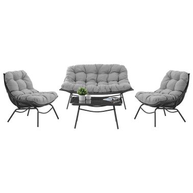 SET MOBILIER TERASA CORALIE: CANAPEA 142X91X88 CM, 2 SCAUNE 72X91X88 CM, MASUTA 90X65X45 CM, BLAT STICLA SECURIZATA 5 MM, RATAN PE, CADRU OTEL VOPSIT ELECTROSTATIC, PERNE DEHUSABILE, CULOARE GRI