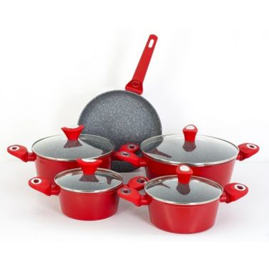 Set de gatit 9 piese, Zilan ZLN3260, material aluminiu, interior granit, compatibil inductie, rosu