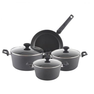 Set de gatit Aluminiu 7 piese Zilan ZLN3277, strat interior neaderent, capace sticla termorezistenta, gri
