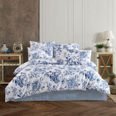 Lenjerie de pat 2 persoane Wanda, cearceaf pat 220x240 cm, husa pilota 200x220 cm, 2 fete perna 50x70 cm, 100% bumbac satinat, alb, albastru