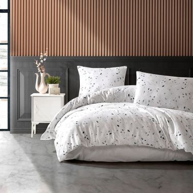 Lenjerie de pat 2 persoane Korall, cearceaf pat 220x240 cm, husa pilota 200x220 cm, 2 fete perna 50x70 cm, 100% bumbac satinat, alb