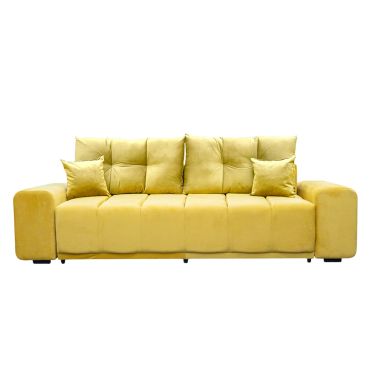 Canapea extensibila Ramon, 3 locuri, catifea, culoare galben, lada depozitare, 4 perne