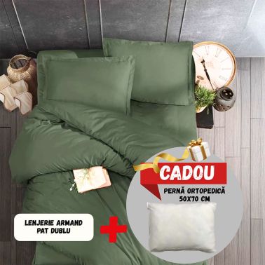 Lenjerie de pat 2 persoane Armand, cearceaf pat 220x240 cm, husa pilota 200x220 cm, 2 fete perna 50x70 cm, 100% bumbac satinat, verde+Perna 50x70 cm, material husa microfibra, umplutura poliester, alb