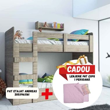 Pat etajat cu scara Andreas, 205x96x161 (2x90x200) cm, culoare sonoma, pal+ Set lenjerie pat copii, 100% bumbac, cearceaf 150x220 cm, husa pilota 150x210 cm, fata perna 50x70 cm, lollipop, roz