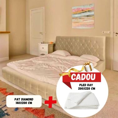 Pat catifea Diamond, somiera inclusa, 140x200 cm, culoare crem, pal+Pled Ray, 200x220 cm, 100% bumbac, alb