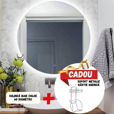 Oglinda baie Chloe, rotunda, diametru 60 cm, iluminare LED, buton touch+Suport metalic hartie igienica cu rezerva, argintiu
