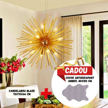 Candelabru Blaze, 70x70x66 cm, 12xe14, 40 w, metal, bronz+Covor antiderapant Sheepskin Amber, dreptunghiular, 80x150, uni, gri deschis, poliester