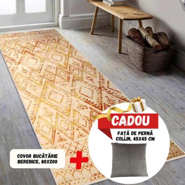 Covor de bucatarie antiderapant Berenice, dreptunghiular, 80x200 cm, oriental, maro, alb, 60% bumbac+Fata de perna decorativa Collin, aspect de catifea, cu fermoar, 45x45 cm, gri