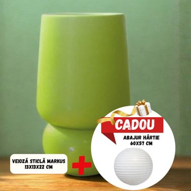 Veioza sticla Markus, e14, 40w, 13x13x22 cm, verde+Abajur sferic hartie, 60x57 cm, hartie, alb