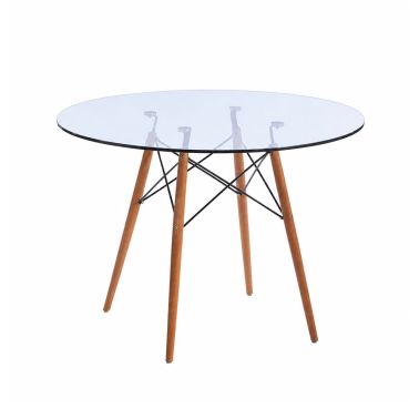 Masa rotunda Ice, 80x75 cm, culoare transparent, blat sticla 8 mm, picioare lemn cu insertie metalica
