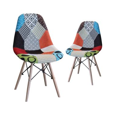 Set 2 scaune Joy, model patchwork, sezut tapitat textil, picioare lemn