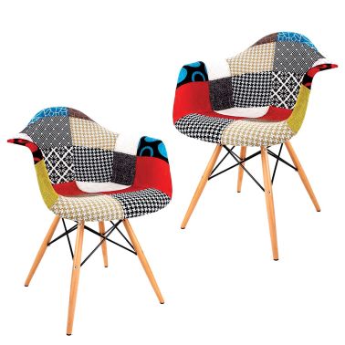 Set 2 scaune cu brate design Shell, model patchwork, sezut tapitat textil, picioare lemn